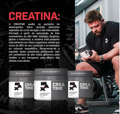 Pote de creatina monohidratada Max Titanium de 300 g para suplementação esportiva.